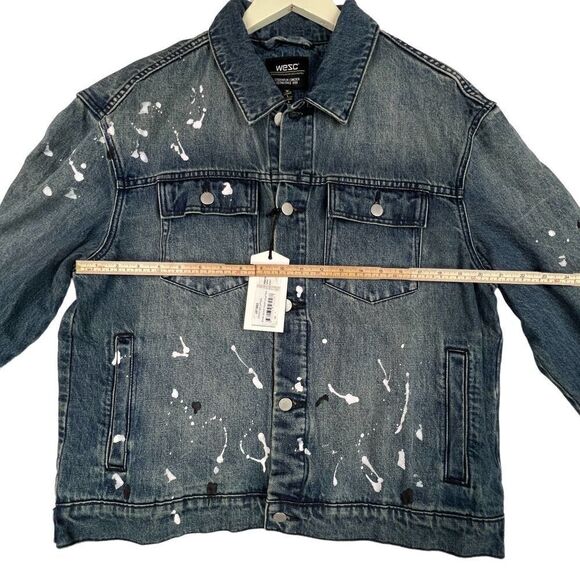 New WeSC Men US M Classic Casual Jacket White Paint Splatter Blue Denim | $220 - Picture 6 of 15